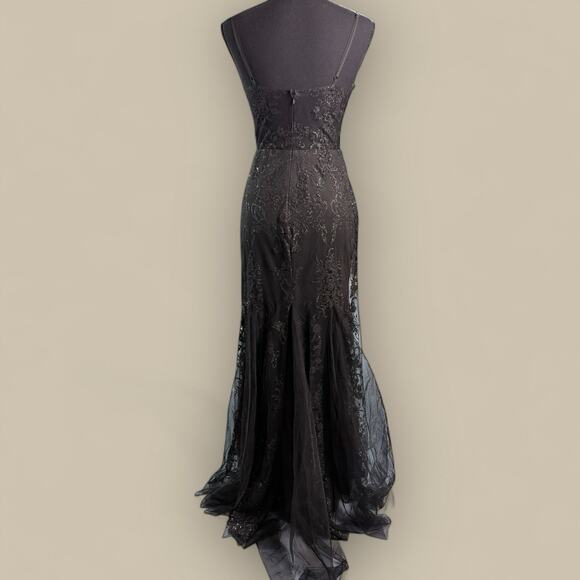 Vtg Y2K Black Sheer Overlay Floral Whimsigoth Fairy Prom Maxi Gown Size 3 XS - Picture 5 of 7